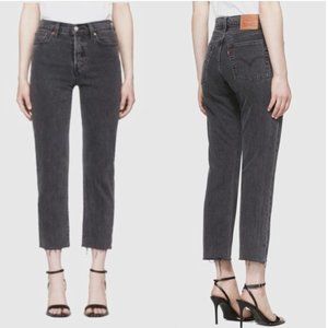 Levi's grey dark wash Wedgie fit straight jeans raw hem button fly high waist 27